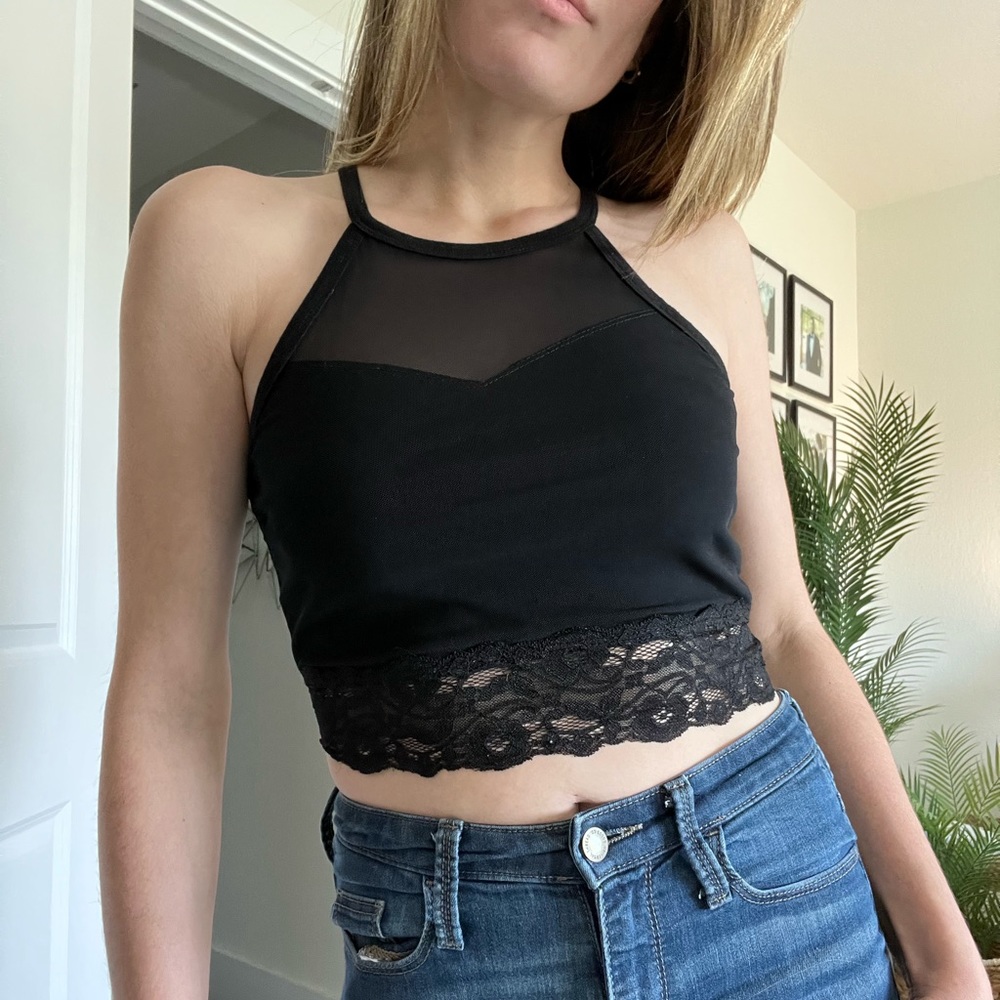 Black Crop Top with Sheer and Lace Detail